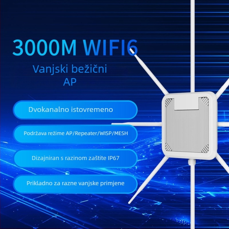Bežični AP WiFi 6 AX3000, dvobandni, IP67 vodootporan, repetitor/signala za dug domet, POE napajanje, doseg releja 300 m, brzina 3000 Mbps