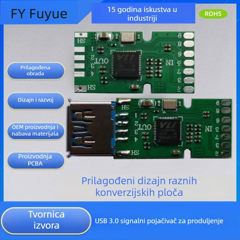 USB 3.0 PCBA pločica za pojačanje signala, model Fy-ada02; USB 3.0 proširenje bez ženskog priključka; brzina prijenosa 4 G/s; napajanje 5 V / 100 mA; primjena: računalo / 3C digitalna elektronika