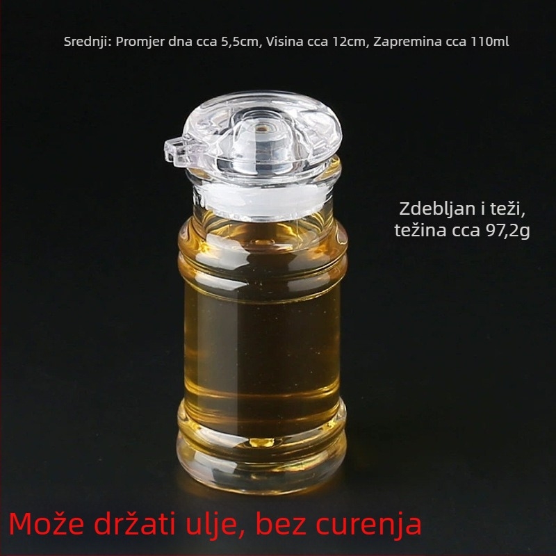 Akrilni set boca za ulje i začine – uključuje bocu za ulje, bocu za ocat, bocu za umak, staklenku za čili i staklenku za začine; moderan minimalistički dizajn restoranskih kuhinja.