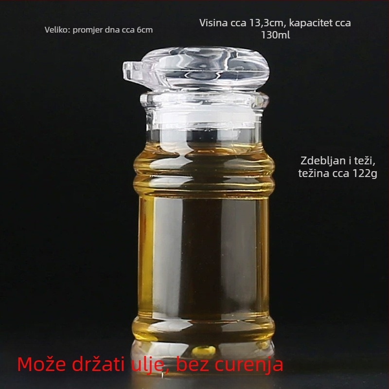 Akrilni set boca za ulje i začine – uključuje bocu za ulje, bocu za ocat, bocu za umak, staklenku za čili i staklenku za začine; moderan minimalistički dizajn restoranskih kuhinja.