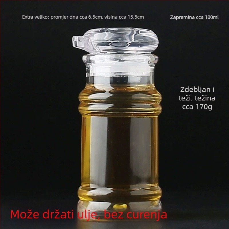 Akrilni set boca za ulje i začine – uključuje bocu za ulje, bocu za ocat, bocu za umak, staklenku za čili i staklenku za začine; moderan minimalistički dizajn restoranskih kuhinja.