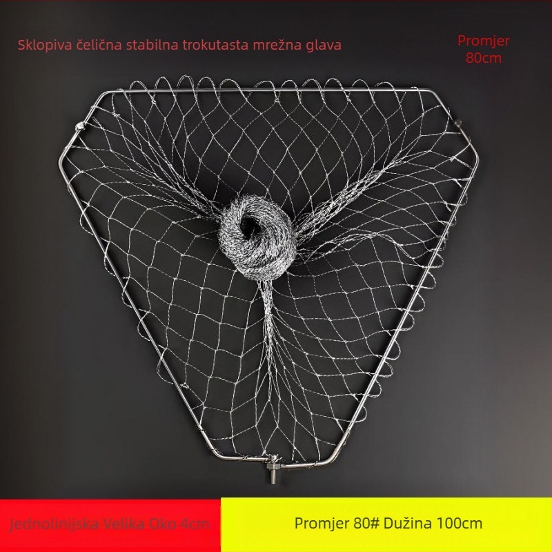 Sklopiva trokutasta glava mreže za ribolov s čvrstim nehrđajućim čeličnim prstenom, mreža za velike ribe, fina mreža
