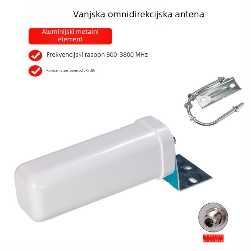 N-tip ženska barrel antena, omnidirekcionalni visoki dobit za GSM/3G/4G LTE, vanjska vodootporna, 12 dBi, 698–960/1710–2700 MHz, 50 Ω, SWR ≤1.5, 5 V