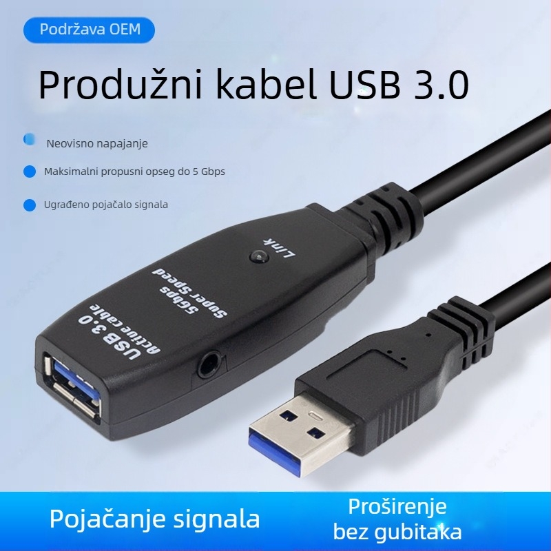 USB 3.0 produžni kabel sa pojačanjem signala, muško–ženski priključak, za videokonferencije, napajani