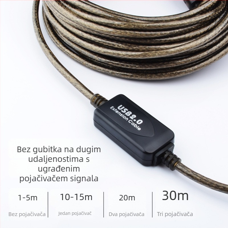 USB 2.0 kabel za pisač A–B, kvadratni konektor, visoka brzina uz pojačivač signala, duljina 10–30 m, OFC bakar, 128-pleteni štit