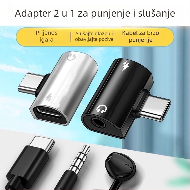 Type-C 2-u-1 adapter za mobitele, 60W brzo punjenje, DAC audio pretvarač, kompaktni digitalni pretvarač