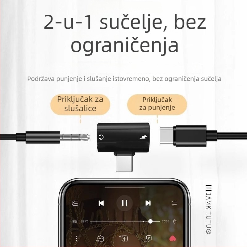 Type-C 2-u-1 adapter za mobitele, 60W brzo punjenje, DAC audio pretvarač, kompaktni digitalni pretvarač