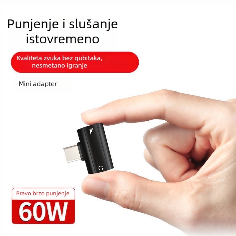 Type-C 2-u-1 adapter za mobitele, 60W brzo punjenje, DAC audio pretvarač, kompaktni digitalni pretvarač
