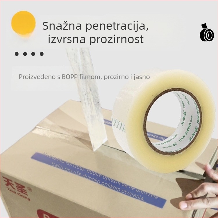 Tiansheng pakirajuća traka, visoka adhezija, BOPP folija, debljina 50 mm, ljepilo na bazi tlaka, šifra proizvoda 01.