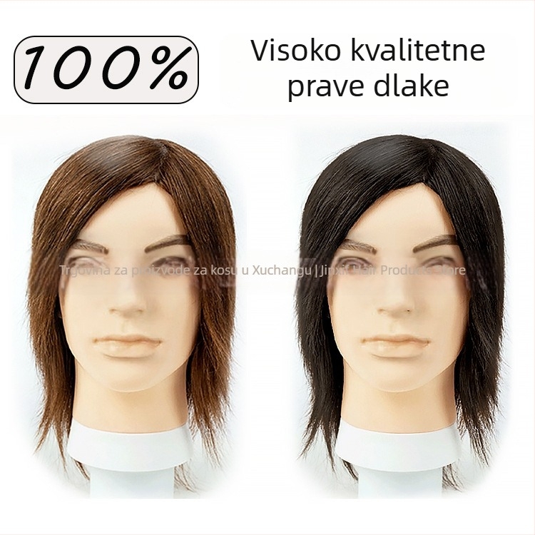 Glava manekena za frizere s pravim ljudskim kosom, kratka ravna kosa, može se bojiti, za praksu friziranja i šminkanja