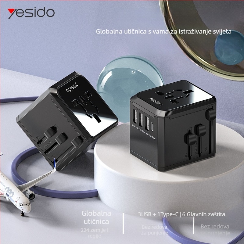 Yesido MC10 USB putni pretvarač - univerzalna utičnica EU/US, PD, višefunkcionalan