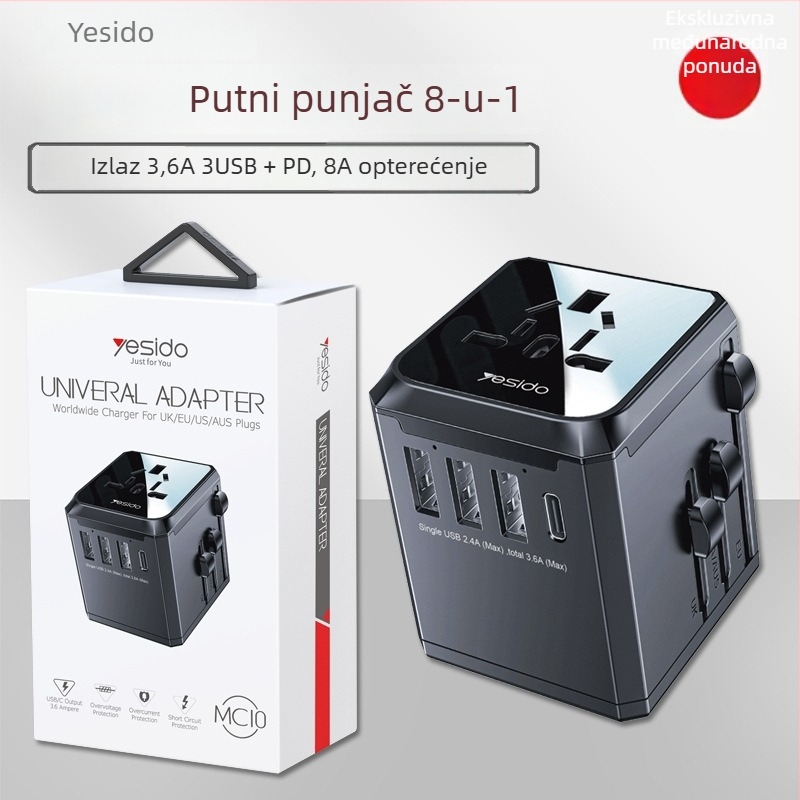 Yesido MC10 USB putni pretvarač - univerzalna utičnica EU/US, PD, višefunkcionalan