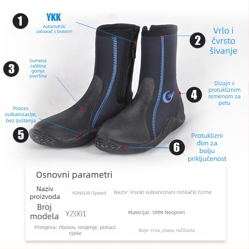 Visoko gležnjačke vodootporne tenisice za vodene sportove, 5 mm neoprena i vulkanizirane gumene potplata, bočni zatvarač