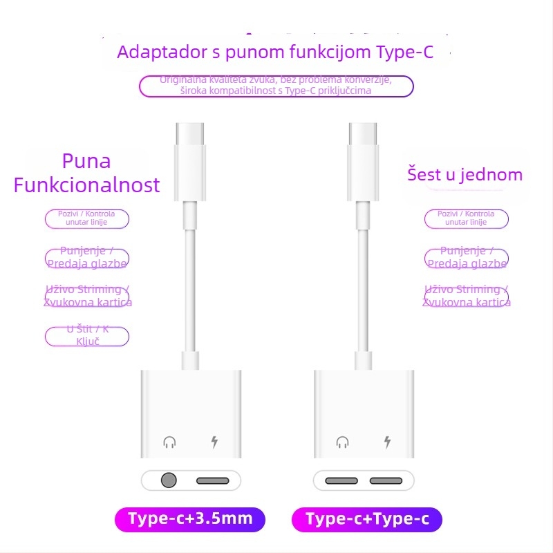 USB-C 2-u-1 adapter za slušalice s 3,5 mm priključkom: glazba, punjenje i pozivi
