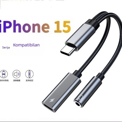 Type-C adapter za slušalice s 60W punjenjem, 2-u-1 pretvarački kabel za telefone i tablete