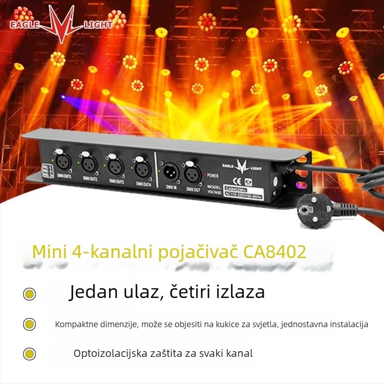 Minghao Eagle Light: 4-kanalni DMX signalni pojačivač i razdjelač, 1 ulaz, 4 izlaza, napajanje transformatorom, DMX512