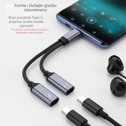 USB-C na dvostruki USB-C ženski adapter – DAC pretvarač i brzo punjenje za mobitele i računala