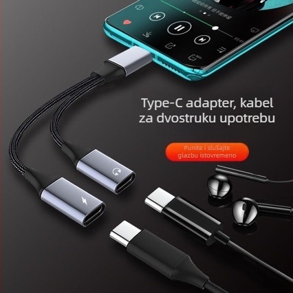 USB-C na dvostruki USB-C ženski adapter – DAC pretvarač i brzo punjenje za mobitele i računala
