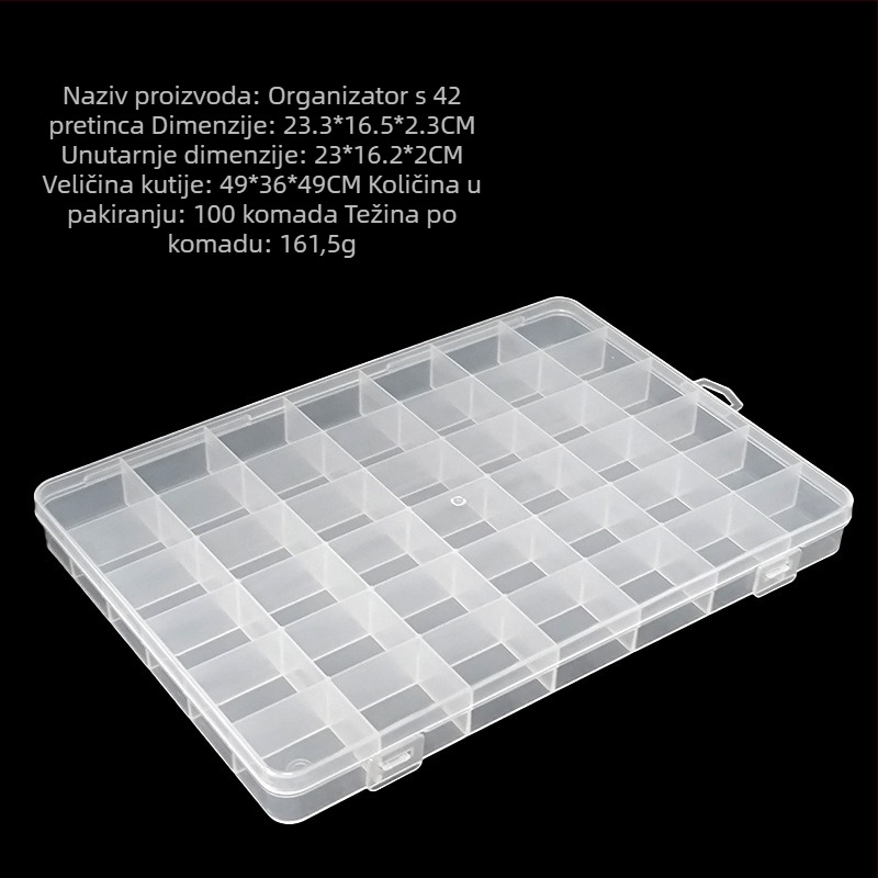 Prozirna PP plastična kutija s 42 pretinca i poklopcem za organiziranje perli i malih dijelova