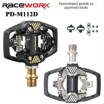 Racework pedale za planinski bicikl s SPD sustavom samouzamacivanja i zaključnim pločicama; tijelo od najlonskih vlakana, os od kromomolibden čelika; model Pd-m112d