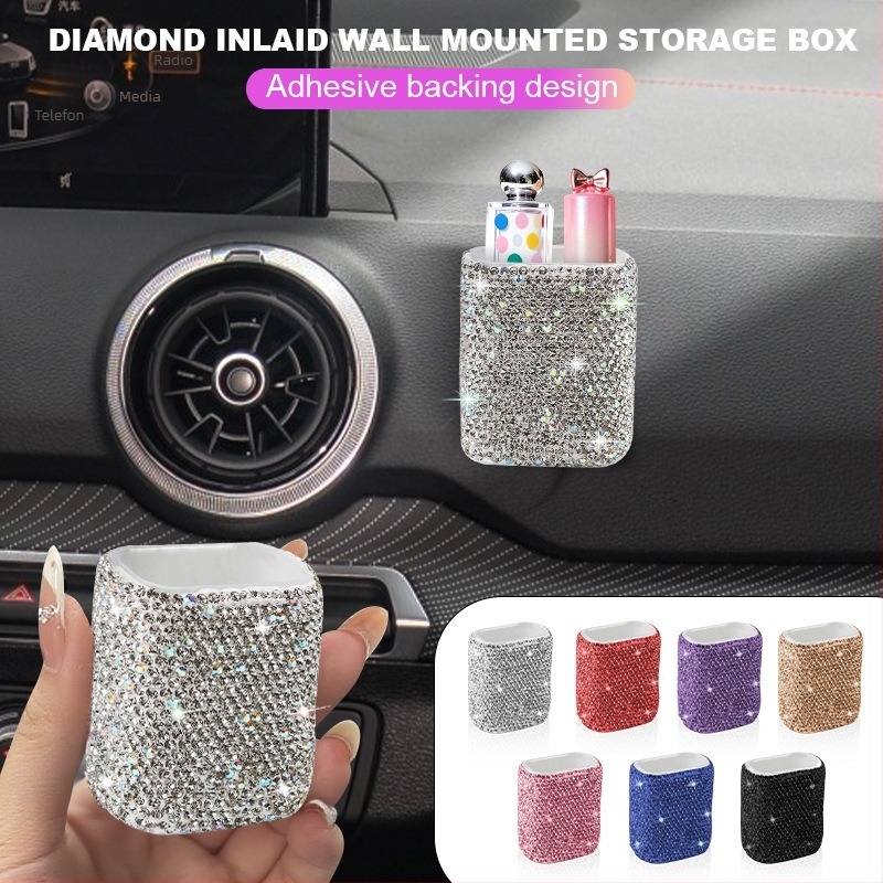 Kutija za ruževe za auto s rhinestones, plastična, lagani luksuzni stil, pričvršćivanje na zid vakuumom, jednoredna ploča, za dnevni boravak i kupaonicu
