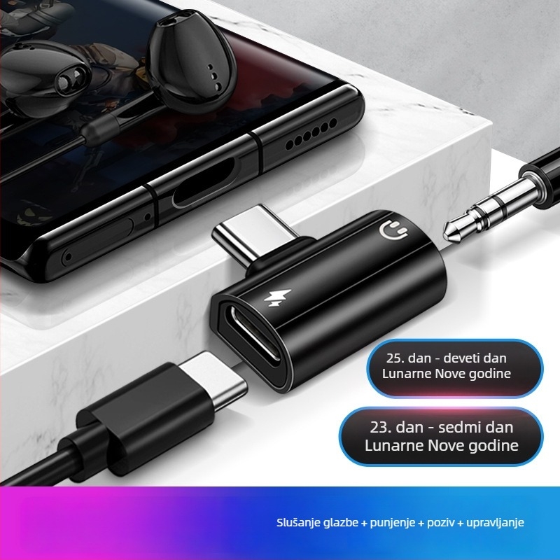 Type-C DAC adapter 2-u-1, zakrivljeni, s 3,5 mm izlazom za slušalice, digitalno-analogni pretvarač, reprodukcija glazbe i upravljanje pozivima