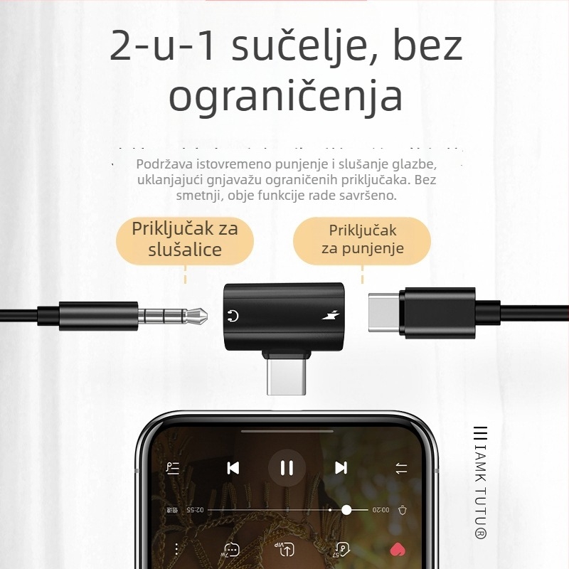 Type-C DAC adapter 2-u-1, zakrivljeni, s 3,5 mm izlazom za slušalice, digitalno-analogni pretvarač, reprodukcija glazbe i upravljanje pozivima