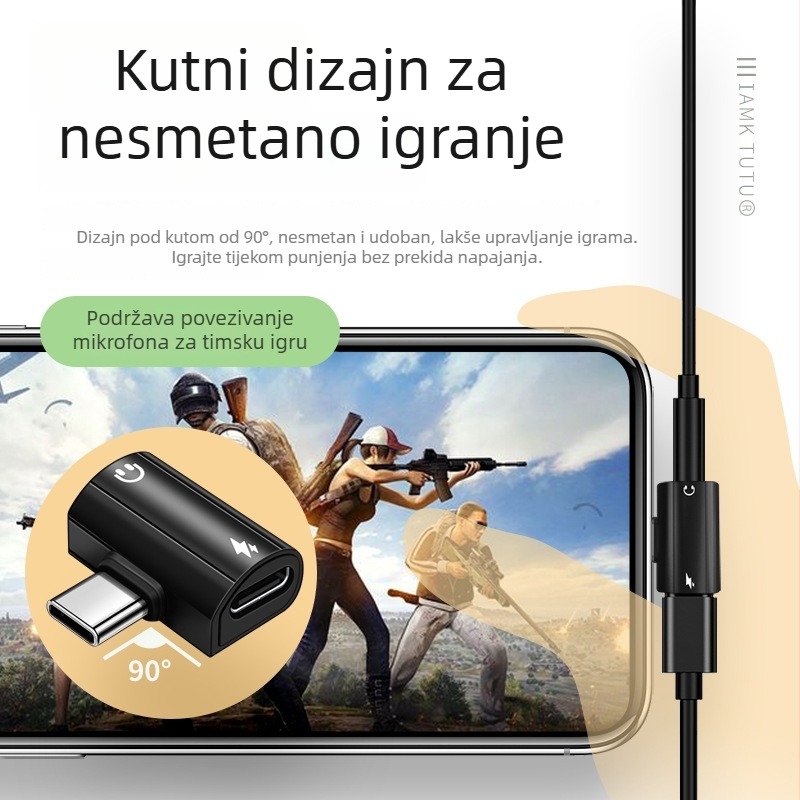 Type-C DAC adapter 2-u-1, zakrivljeni, s 3,5 mm izlazom za slušalice, digitalno-analogni pretvarač, reprodukcija glazbe i upravljanje pozivima