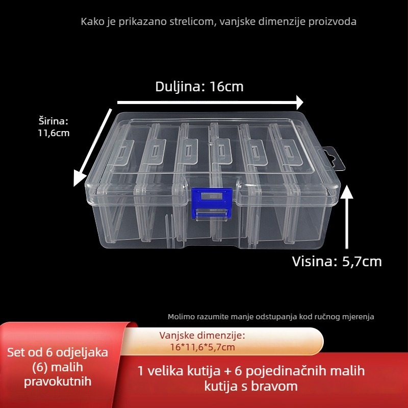 6-odjelna plastična kutija za pohranu s poklopcem, PP, za univerzalno pakiranje