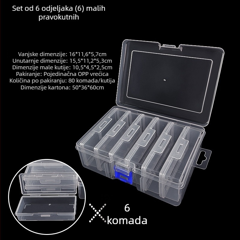 6-odjelna plastična kutija za pohranu s poklopcem, PP, za univerzalno pakiranje