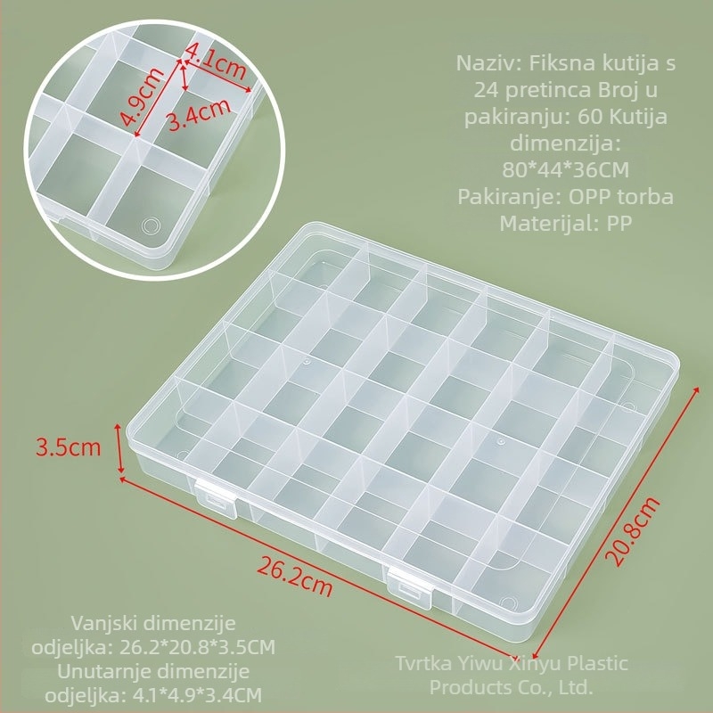 Kutija za pohranu s 24 pretincima i poklopcem, PP plast, za dijelove hardvera i nakit