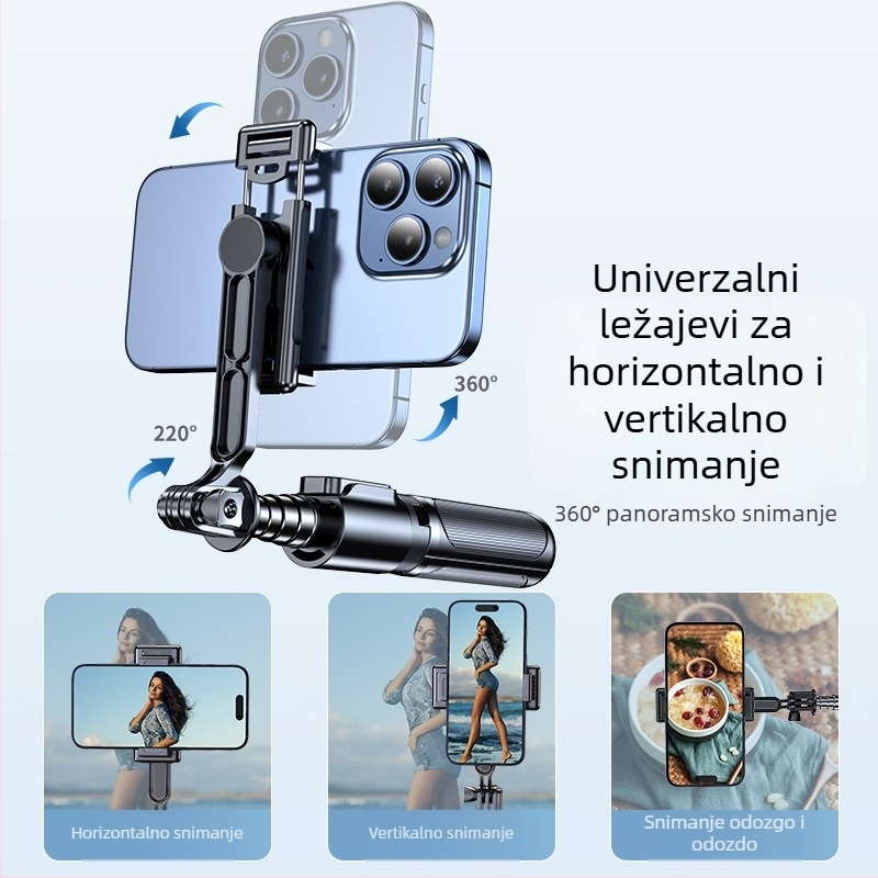 Ručni mini selfie štap s Bluetooth rasvjetom, nehrđajući čelik, daljinski upravljač, univerzalni držač za telefon