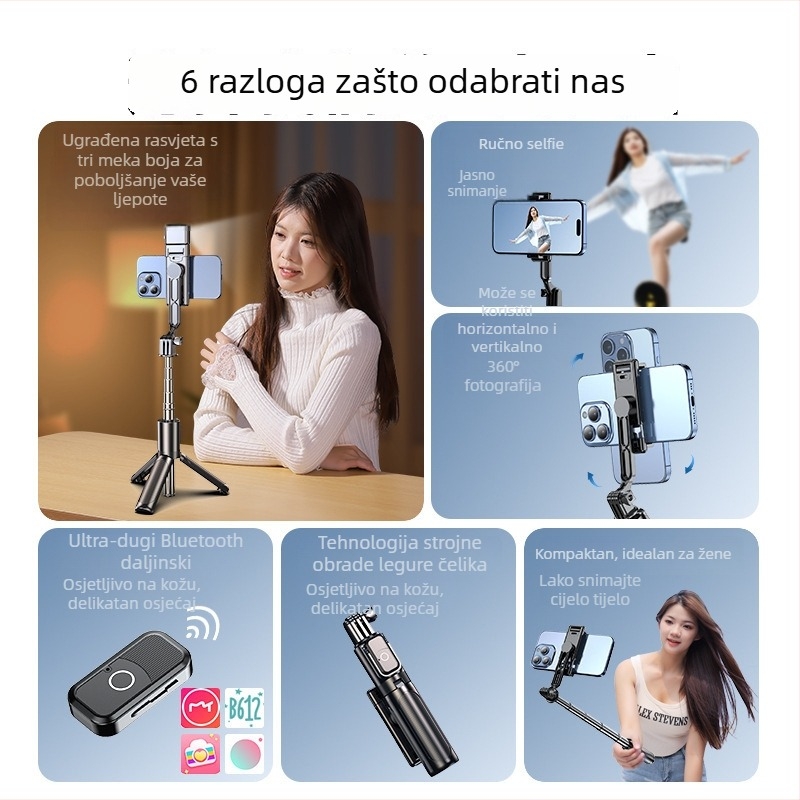 Ručni mini selfie štap s Bluetooth rasvjetom, nehrđajući čelik, daljinski upravljač, univerzalni držač za telefon