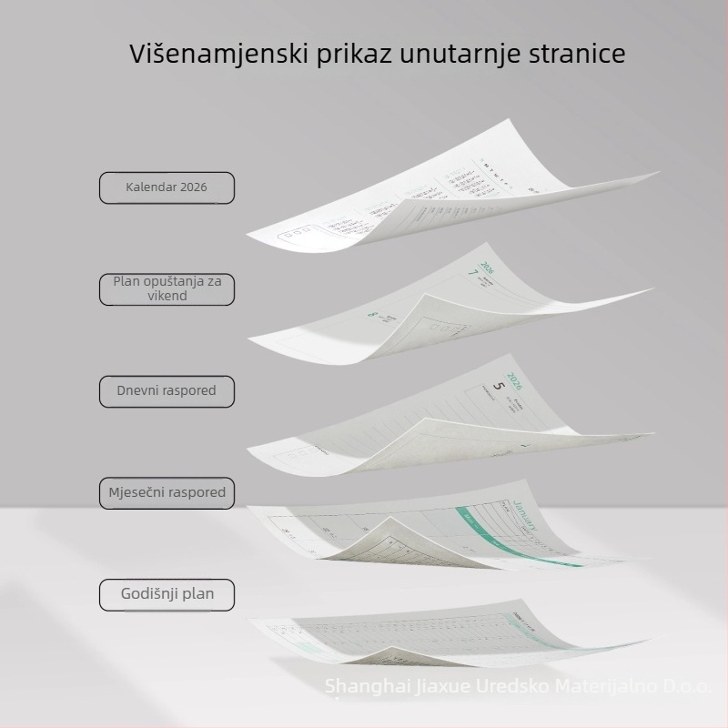Bilježnica 2026: dnevnik za upravljanje vremenom, linijsko uvezivanje, PU korica, papir od drvenih vlakana, 80 g, 300–400 stranica.