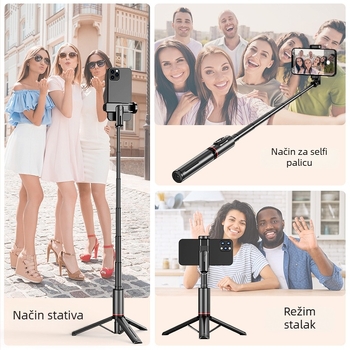 Selfie štap s ugrađenim stativom i postavkom za prijenos uživo Q12; aluminijska legura, Bluetooth daljinski upravljač, ugrađeno osvjetljenje, univerzalni stil, model Q12