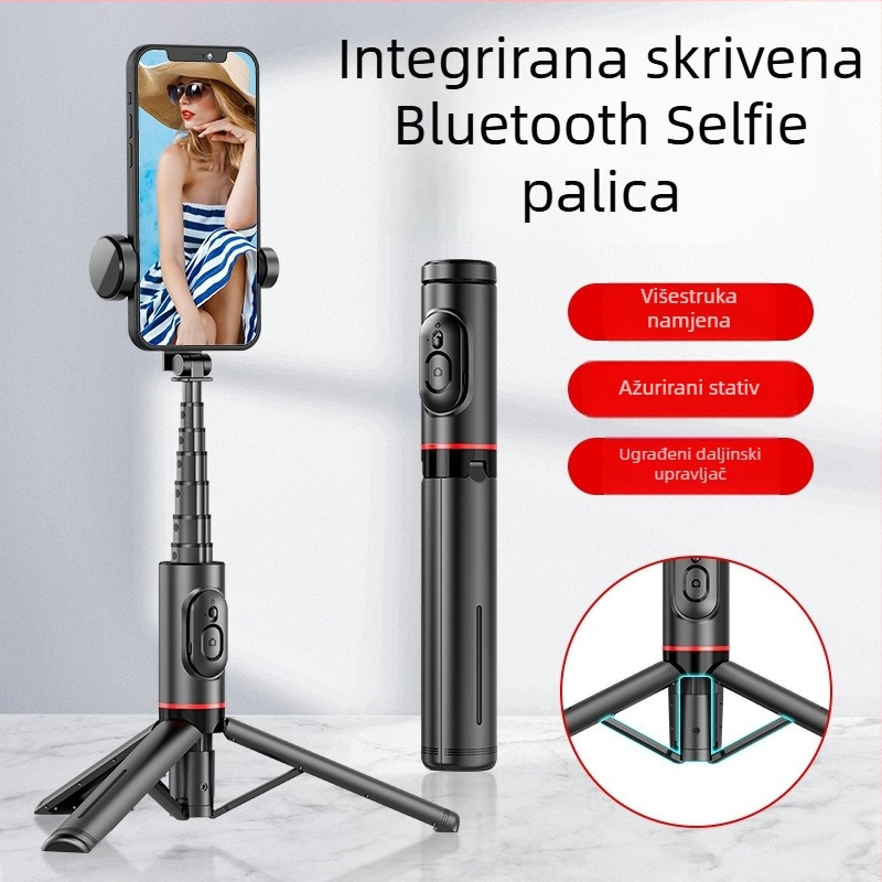 Selfie štap s ugrađenim stativom i postavkom za prijenos uživo Q12; aluminijska legura, Bluetooth daljinski upravljač, ugrađeno osvjetljenje, univerzalni stil, model Q12