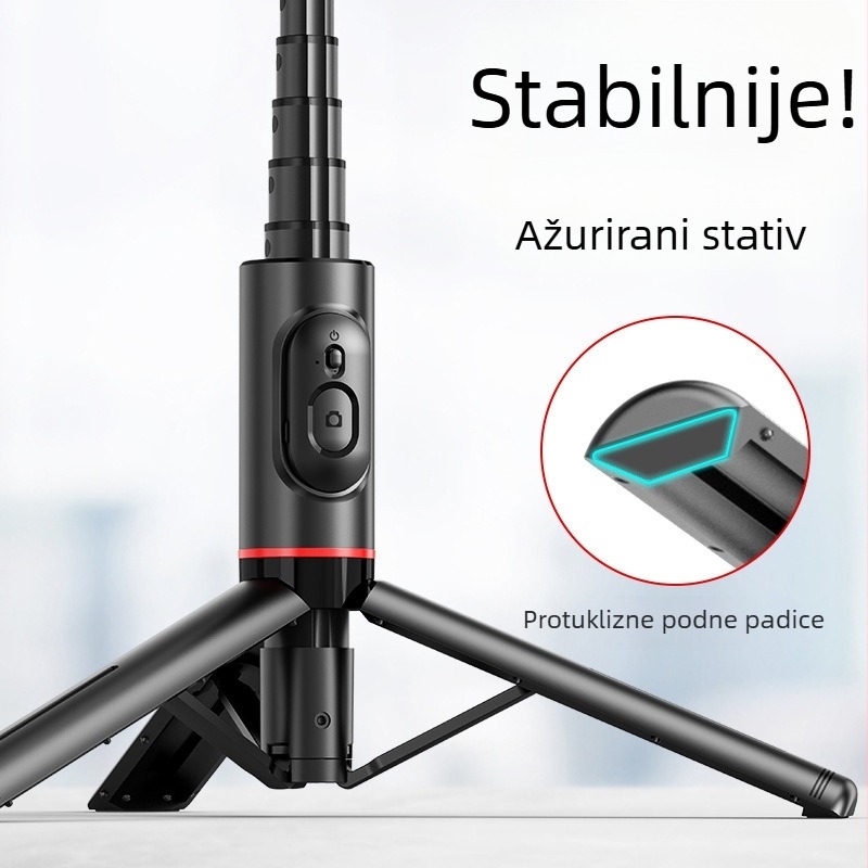 Selfie štap s ugrađenim stativom i postavkom za prijenos uživo Q12; aluminijska legura, Bluetooth daljinski upravljač, ugrađeno osvjetljenje, univerzalni stil, model Q12
