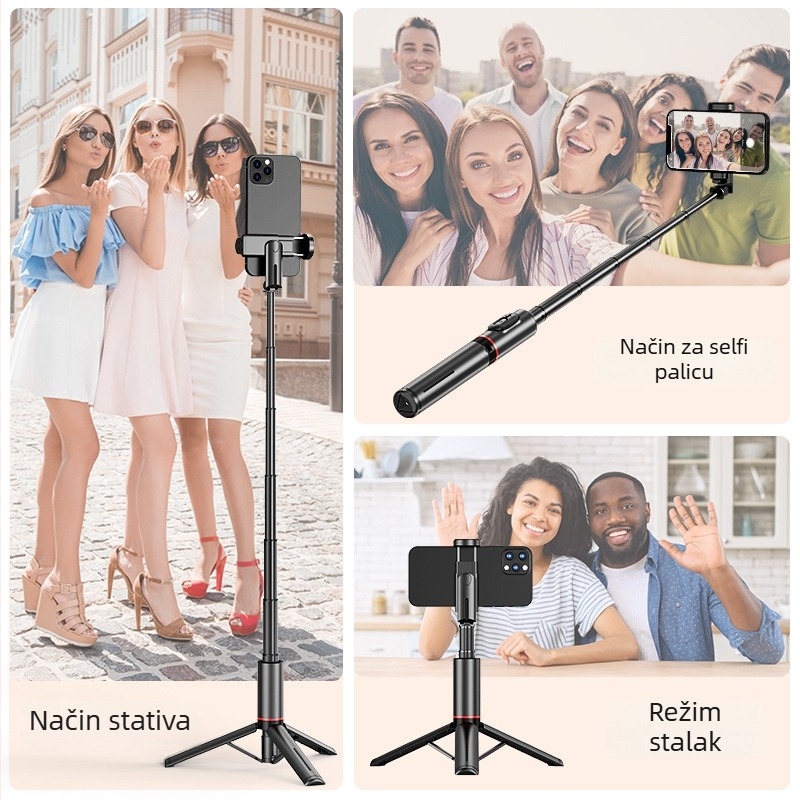 Selfie štap s ugrađenim stativom i postavkom za prijenos uživo Q12; aluminijska legura, Bluetooth daljinski upravljač, ugrađeno osvjetljenje, univerzalni stil, model Q12