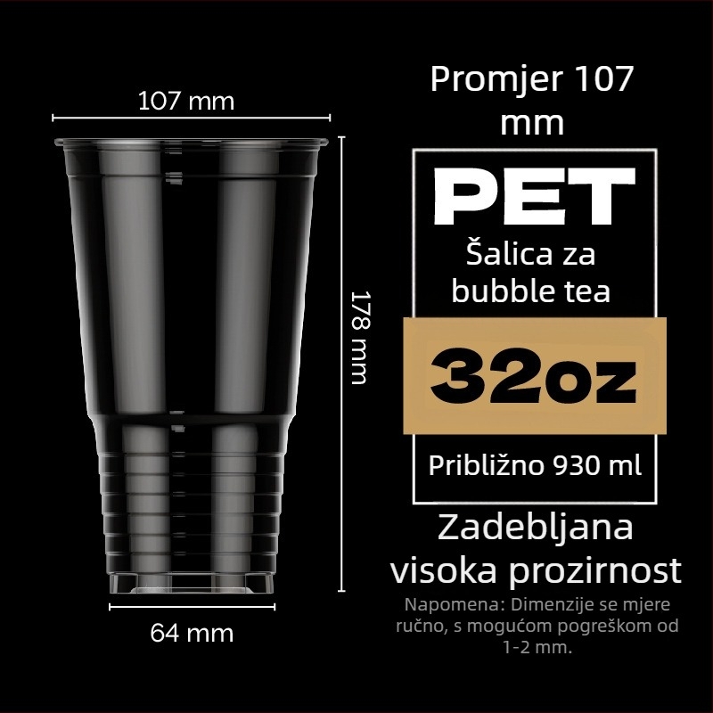 Prilagođeni jednokratni PET plastični čašica promjera 107 mm, kapaciteta 1000 ml, velika šalica za mliječni čaj i voćni čaj, Torch čaša, 32 oz