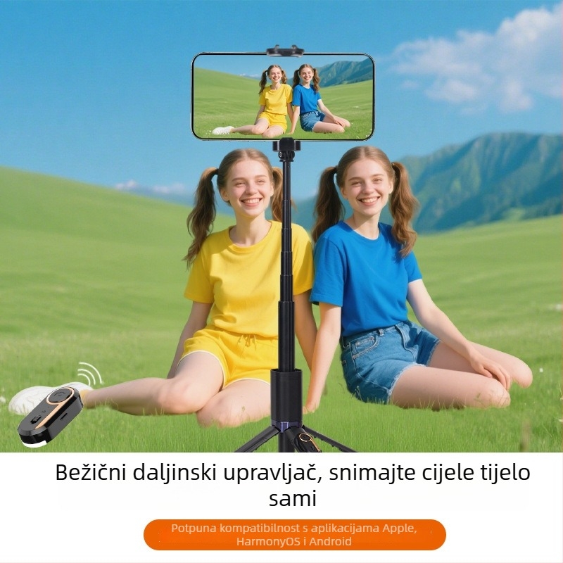 Selfie štap/tripod za mobilne telefone s univerzalnom rotirajućom glavom, prenosi dizajn; materijal ABS+aluminijska zlitina; Bluetooth daljinski; anti‑drhtanje; ugrađeno svjetlo