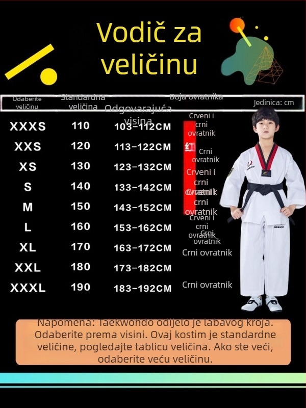 Taekwondo trening komplet od 100% pamuka, s podstavom od pamuka, pogodan za djecu i odrasle