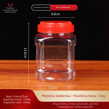 Kvadratna PET boca za med, puhanjem oblikovana, zapremina 1,5 kg, sadržaj meda 1500 g, sadržaj vode 1000 g