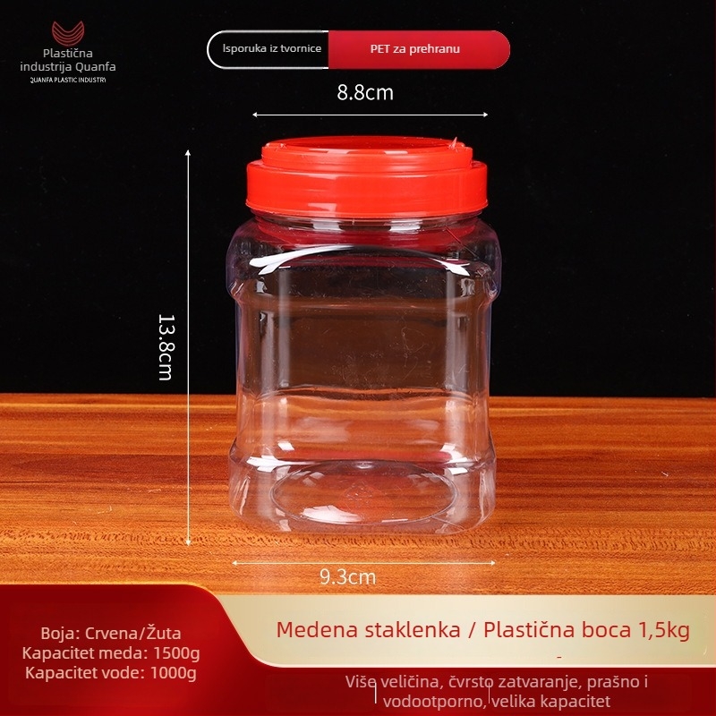 Kvadratna PET boca za med, puhanjem oblikovana, zapremina 1,5 kg, sadržaj meda 1500 g, sadržaj vode 1000 g