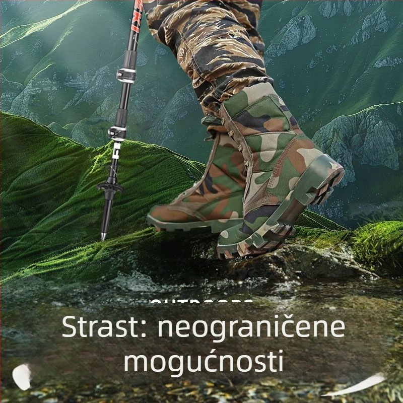 Planinarske tenisice visokog kroja: prozračni platneni gornji dio, gumena srednja potplat, prednje vezanje