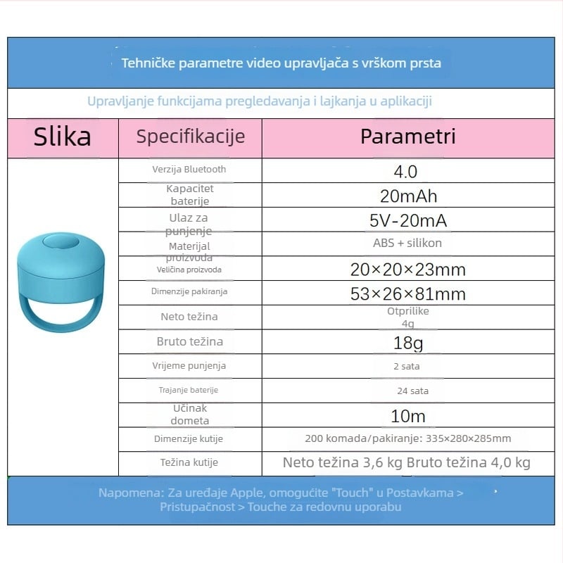 Bluetooth prsten za selfie, model ZL-01, Bluetooth 4.0, ABS + silika gel, težina oko 4 g