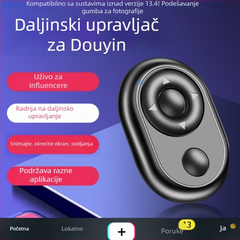Bluetooth daljinski upravljač za telefon – Selfie, gledanje videa, listanje stranica, upravljanje lajkovima, okidač; Bluetooth 4.0, ABS kućište, 10 g