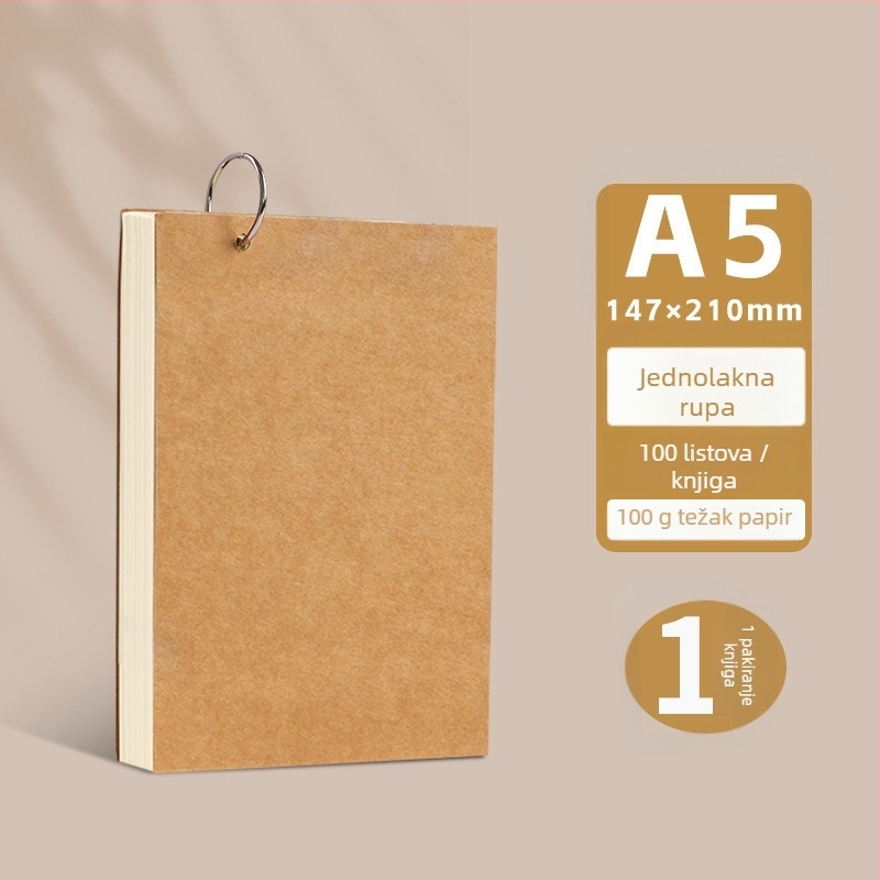 Bilježnica s labavim listovima, korice od kraft papira, stranice od sirove drvne pulpe, težina papira 100 g, 50–100 stranica