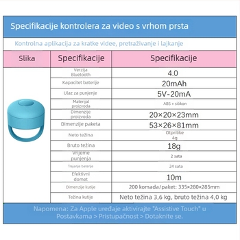 Bluetooth prsten za selfie daljinski upravljač s gumbom 'like' i prebacivanjem stranica — Model Fingertip Praise 01, Bluetooth 5.0, ABS silica gel, oko 4 g