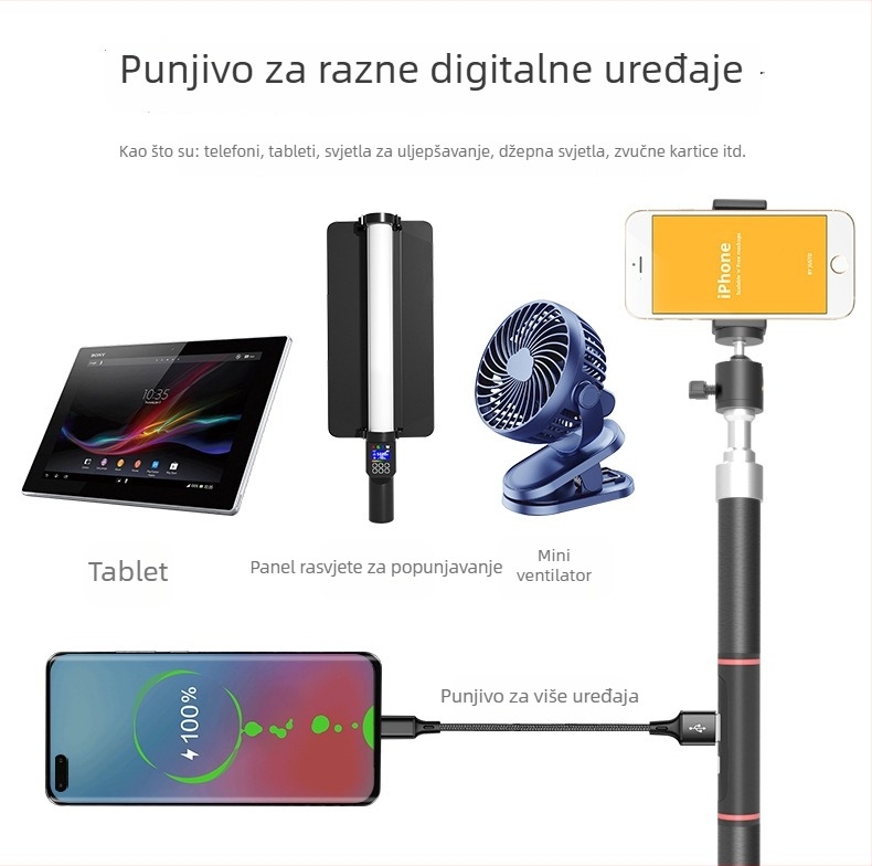 Punjavajući držač za telefon, višenamjenski stalak za uživo prijenos, trodijelni nosač za power bank za kampiranje