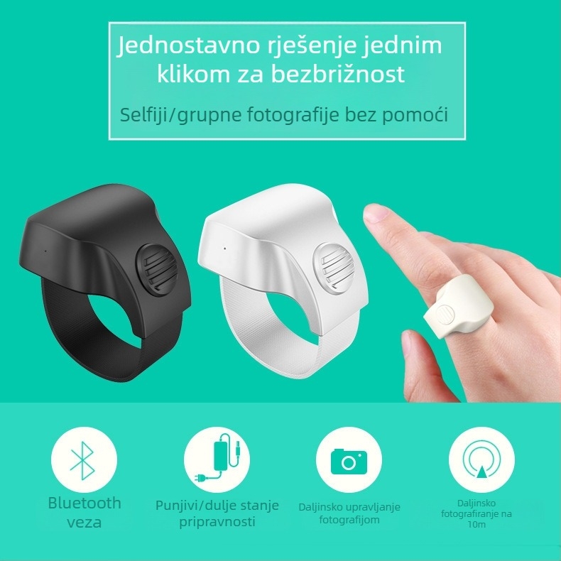 Pametni prsten s punjivim Bluetooth daljinskim upravljačem za selfie — Model R10, Bluetooth 5.0, ABS, težina 6 g